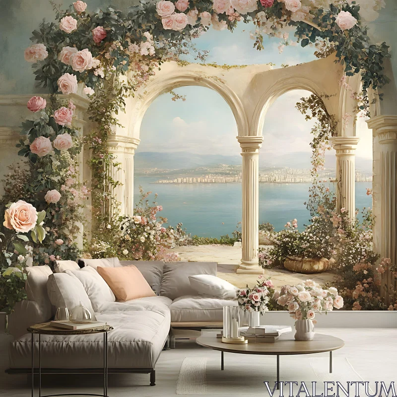 AI ART Romantic Interior with Roses and Sea View