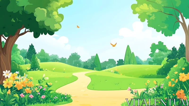 AI ART Scenic Cartoon Meadow with Birds