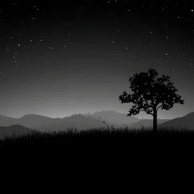 Monochrome Starry Night Tree Silhouette