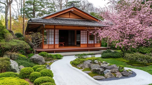 Zen Garden with Traditional House and Blossoms