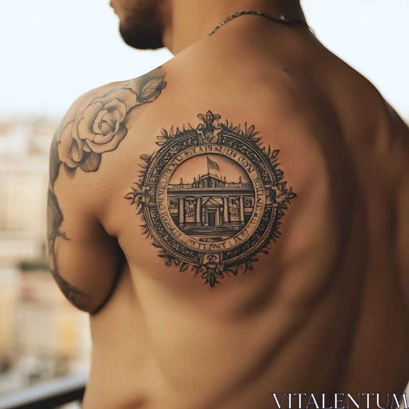 Intricate Architectural Tattoo Design in Black Ink AI Image