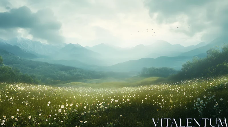 AI ART Scenic Mountain Landscape with Flower Field