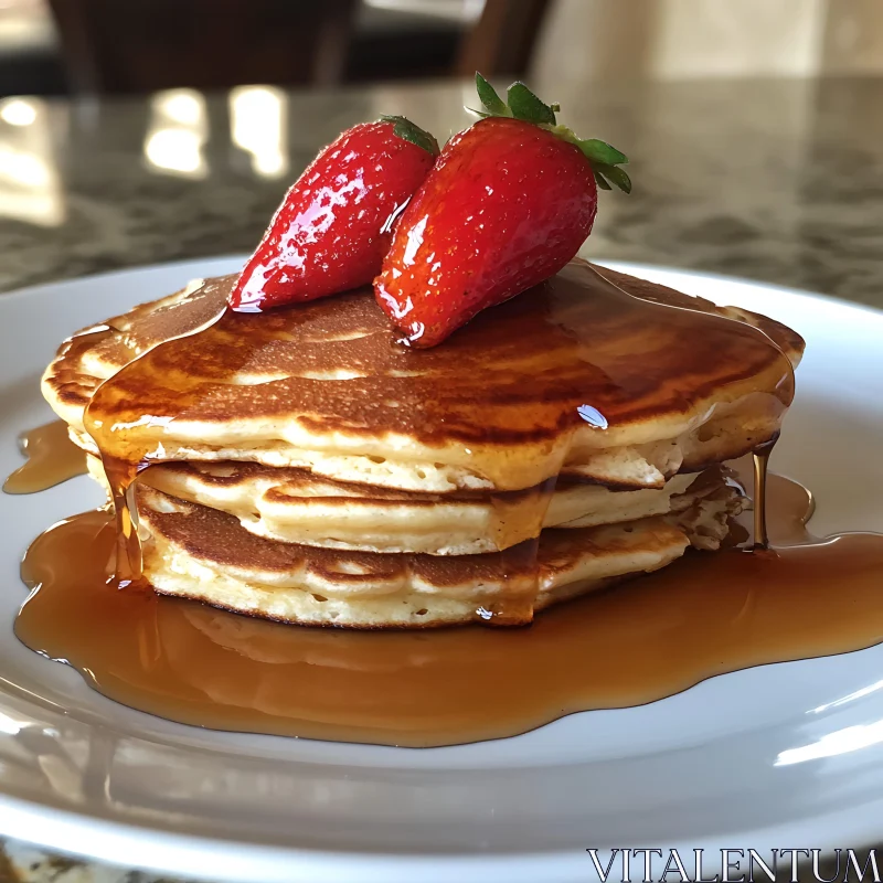 Pancakes Drizzled with Syrup Topped with Strawberries AI Image