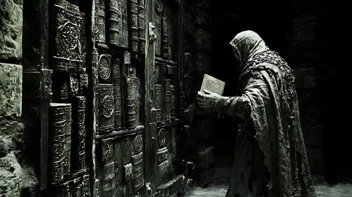 Hooded Figure Reading Book in Dark