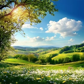 Lush Green Meadow and Sunny Sky