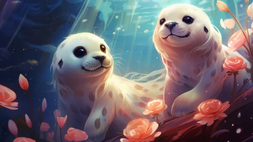 Charming Illustration of Two Seals by the Sea Amidst Flowers