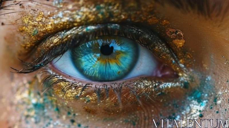 Close-Up of a Woman's Blue Eye with Glitter Makeup in Flower Shape AI Image
