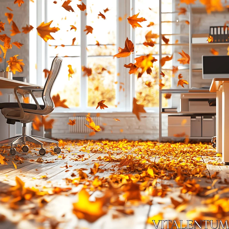 Office Interior with Autumn Leaves AI Image