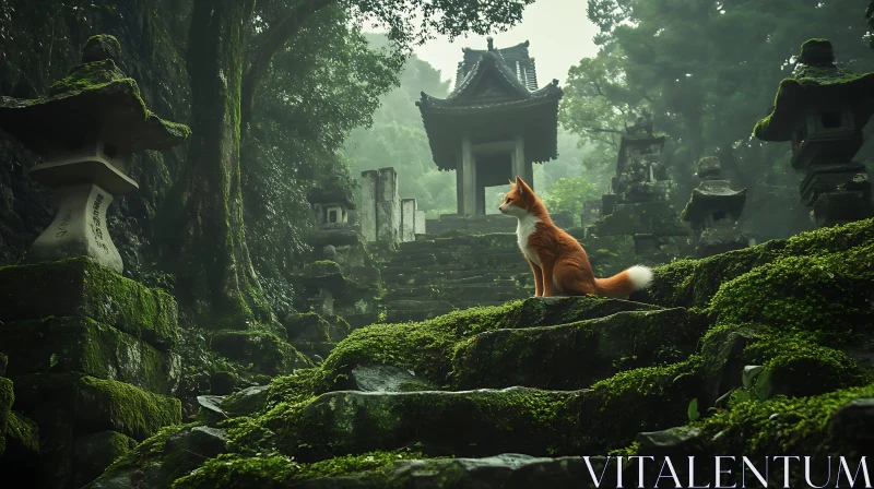 Fox in a Misty Forest Temple AI Image