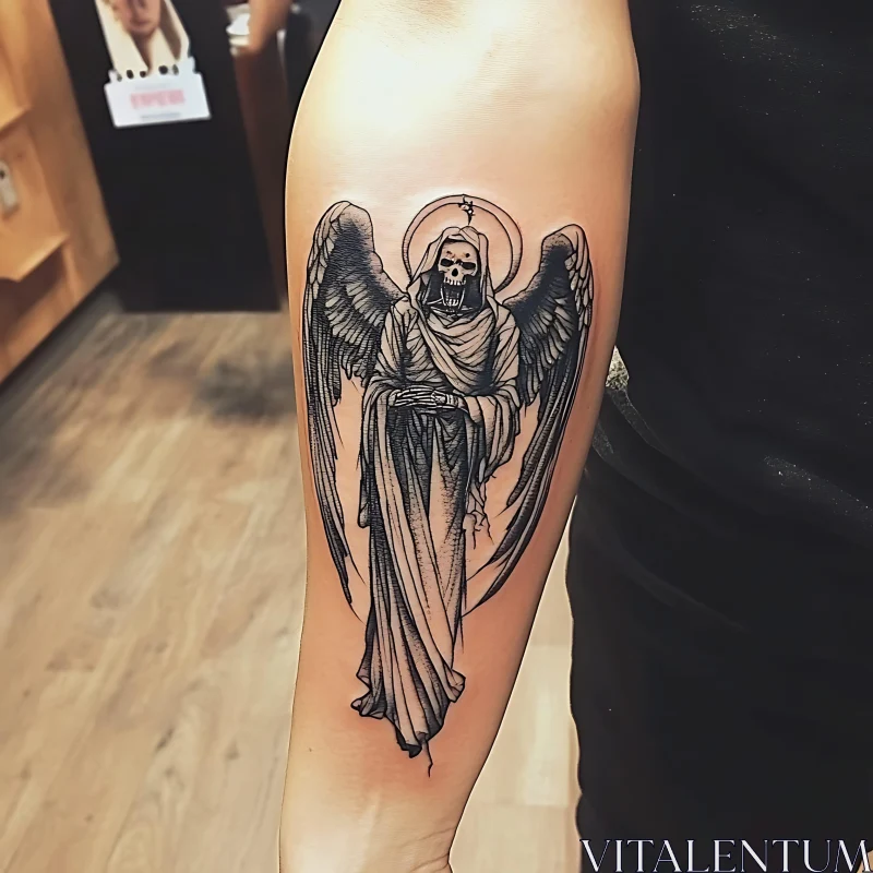 Detailed Grim Reaper Tattoo with Halo and Wings AI Image