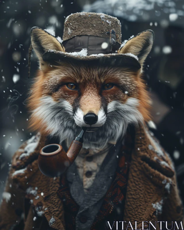 Fox Gentleman with Pipe in Snowfall AI Image