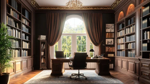 Classic Library Interior with Wooden Desk