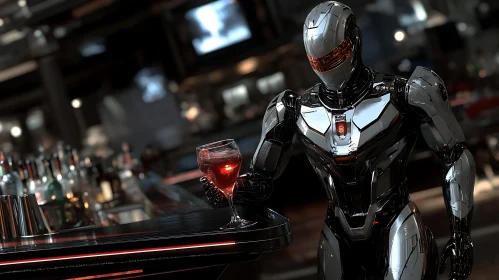 Robot at Bar Holding a Glass of Red Liquid