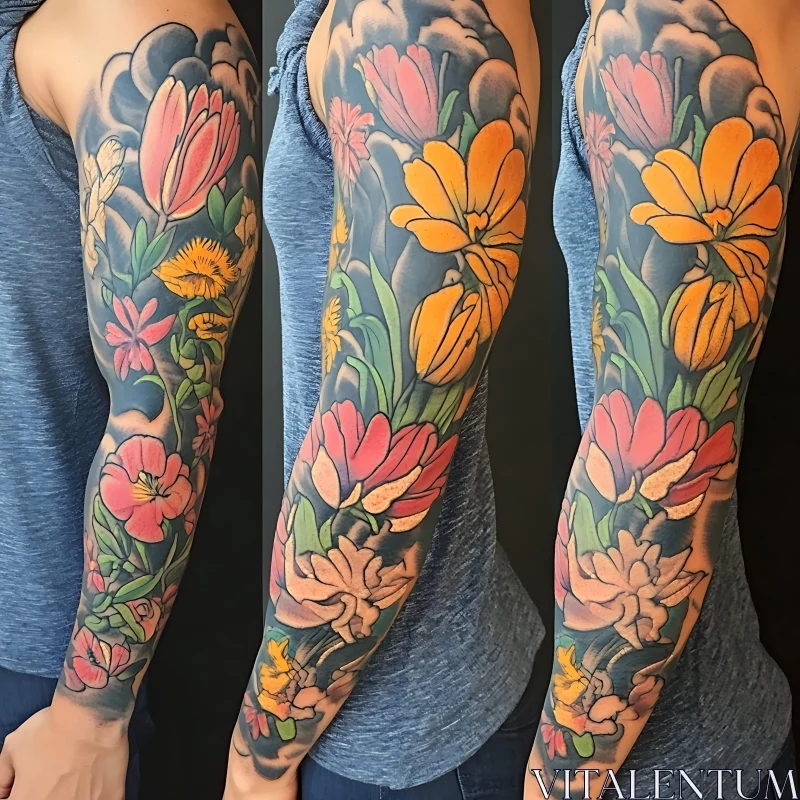 Vivid Floral Sleeve Tattoo Design AI Image