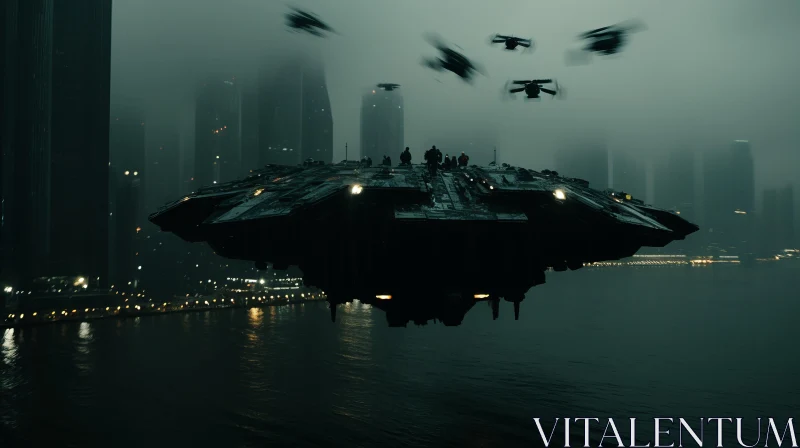 Futuristic Spaceship Hovering Above Foggy City AI Image