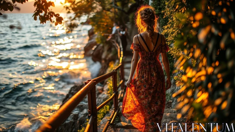 Graceful Woman Walking Along Stone Pier at Sunset AI Image