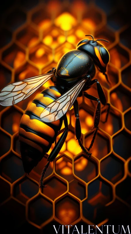 Metallic Bee on Honeycomb - A Study in Chiaroscuro Lighting AI Image