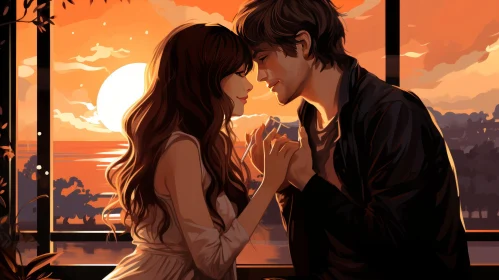 Romantic Anime Illustration: Couple Kissing at Sunset