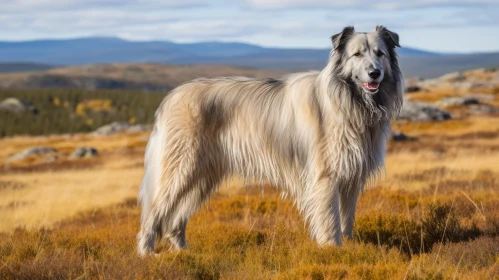 Shaggy Dog Standing on Grassy Hills in Light Silver and Amber