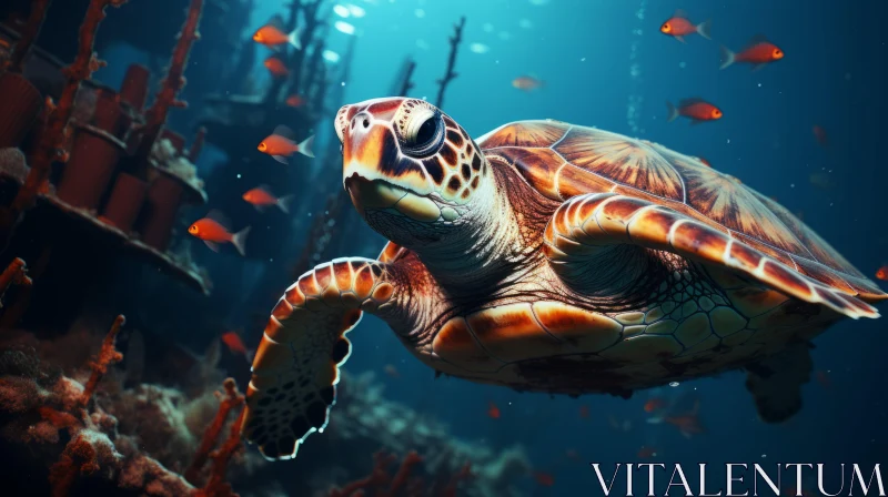 Underwater Portrayal of Turtle Amidst Colorful Fish and Coral Reef AI Image