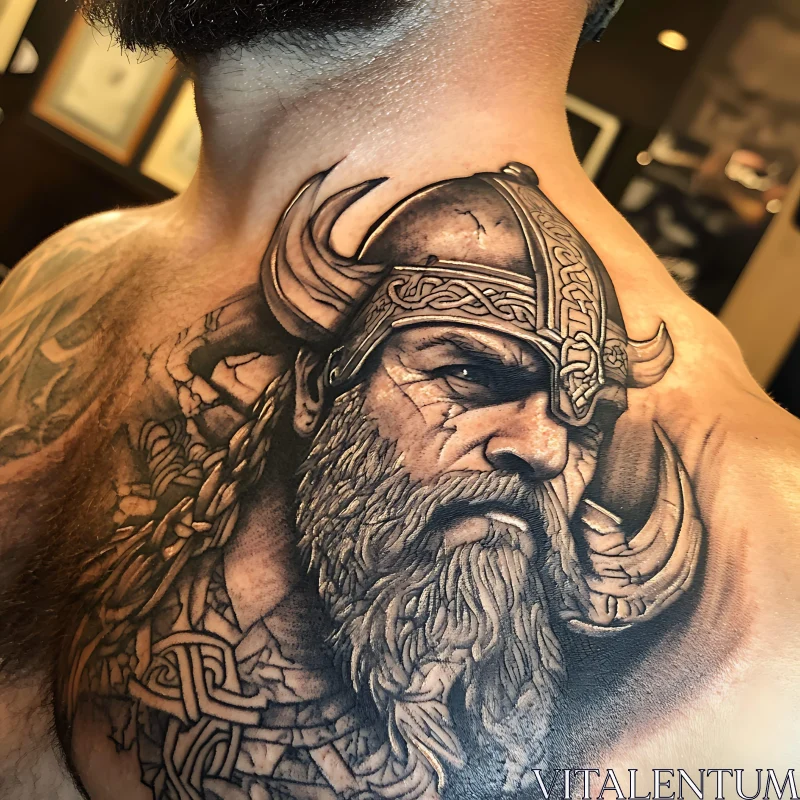 Detailed Viking Warrior Tattoo on Shoulder and Neck AI Image