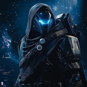 Mysterious Hooded Figure in Cyberpunk Armor