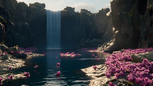 Tranquil Waterfall and Purple Blossoms Amidst Rocky Cliffs