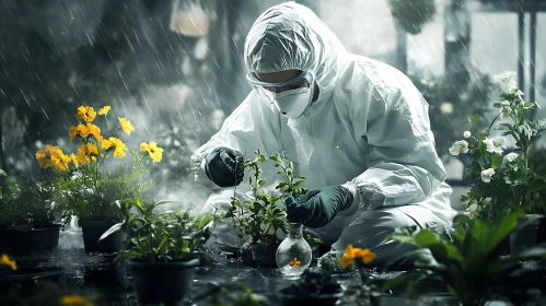 Person in protective suit tending to flowers