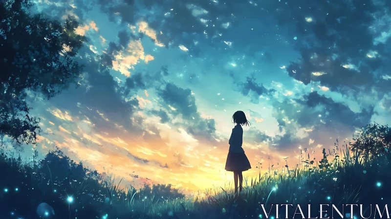 Anime Girl Silhouette Sunset Field AI Image