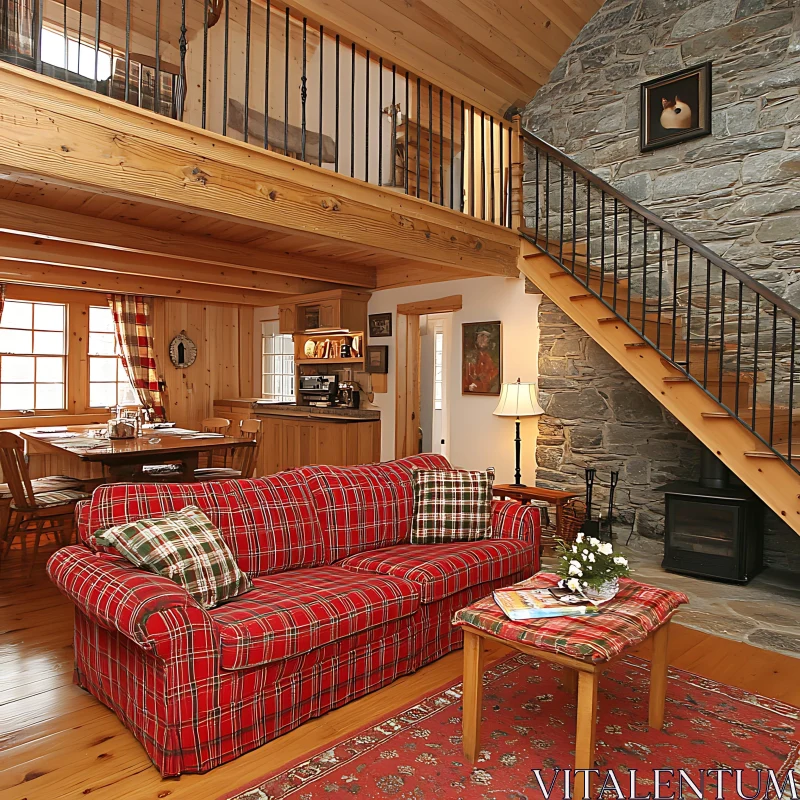 AI ART Cozy Living Room with Stone Fireplace