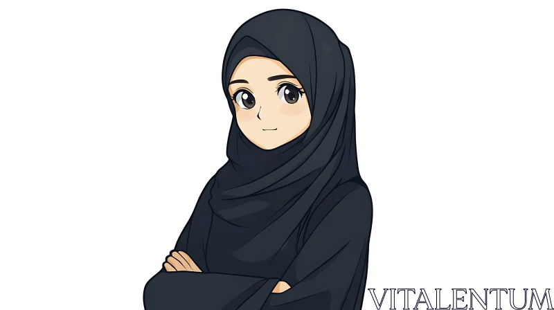 Elegant Anime Girl with Black Hijab AI Image