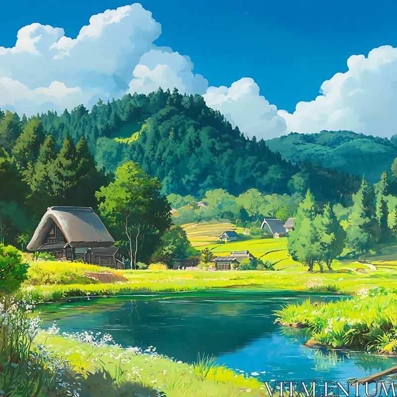 AI ART Tranquil Lakeside Scene with Forest Backdrop