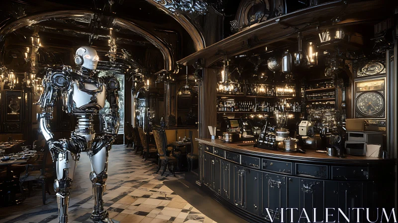 AI ART Metallic Robot in Classic Bar Setting