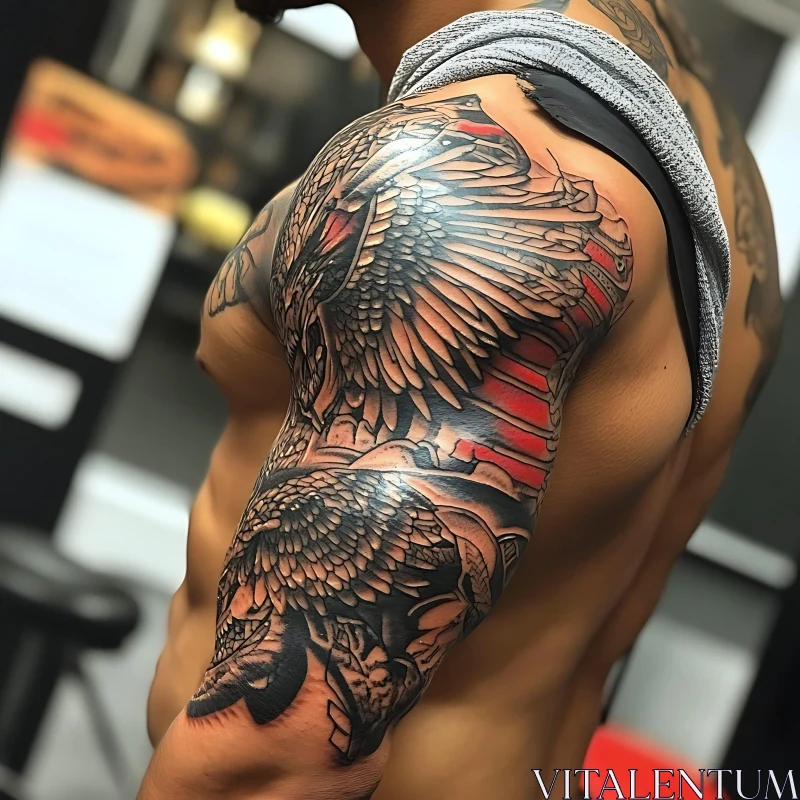 Detailed Shoulder and Arm Tattoo Showcasing Wings AI Image