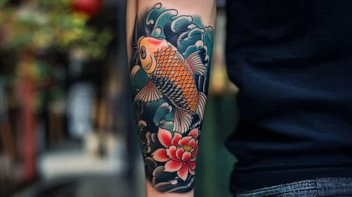 Vibrant Koi Fish Tattoo with Lotus Flower