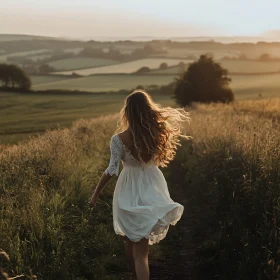 Woman Walking in Field at Sunset