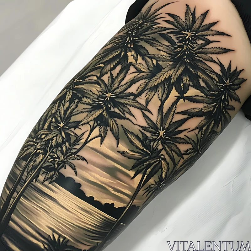 Serene Ocean Sunset Tattoo with Palm Trees AI Image