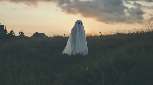 Ghostly Figure in Grassy Field at Dusk