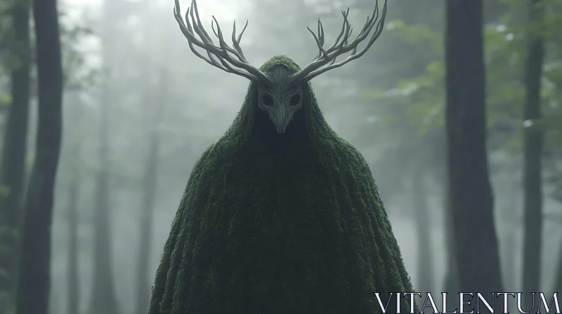 Moss Cloaked Figure in Misty Woods AI Image