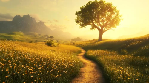 Sunlit Meadow with Winding Path