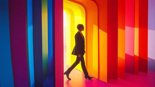 Woman in a Colorful Corridor