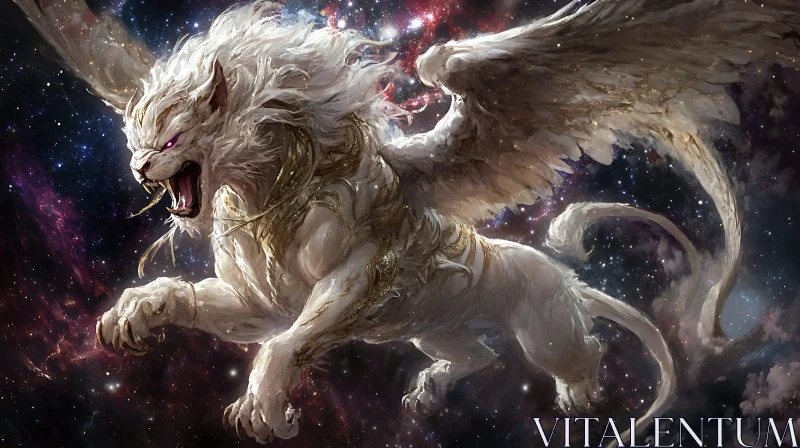 Winged Lion Leaping Through Starry Space AI Image