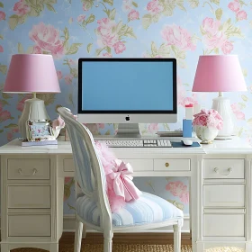 Pink Accented Workspace with Floral Wallpaper