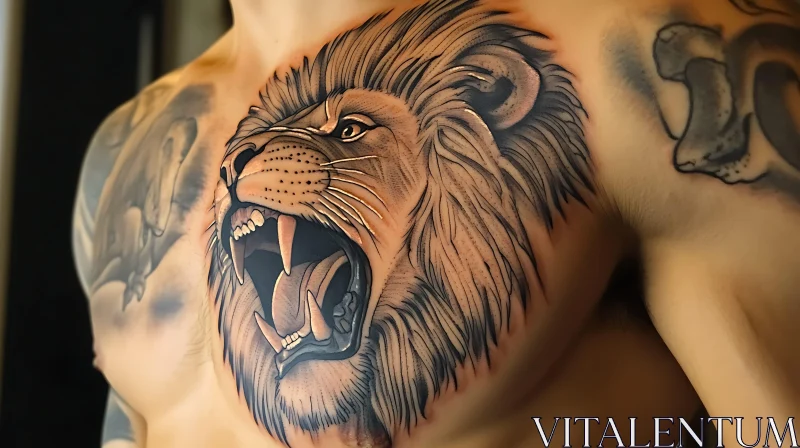 Intricate Roaring Lion Chest Tattoo Design AI Image