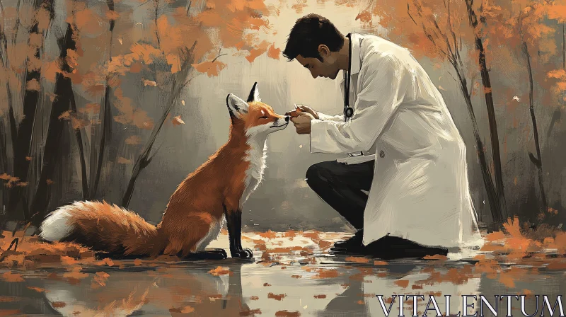 Autumnal Friendship: Man and Fox Portrait AI Image