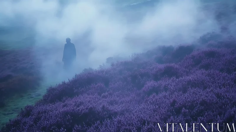 AI ART Misty Lavender Landscape with Solitary Walker