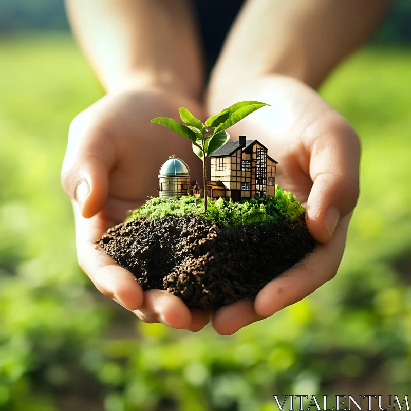 AI ART Hands Holding Miniature House and Sprout