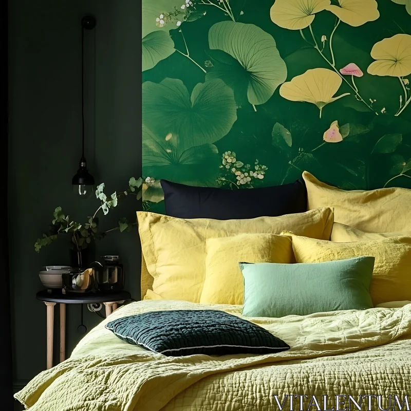 AI ART Lush Green Bedroom with Botanical Wallpaper