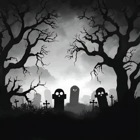 Monochrome Halloween Cemetery Illustration