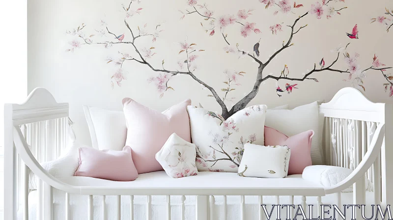 Nursery Interior with Pink Pillows and Blossom Wall Art AI Image